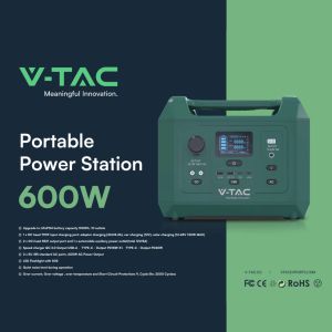 V-TAC Portable Power Station with LiFePO4 Storage Battery 576Wh AC:220V 600W (Max. 1000W) with 2 Rechargeable Schuko Sockets with Power Cable or Portable Photovoltaic Solar Panel