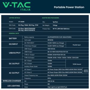 V-TAC Portable Power Station with LiFePO4 Storage Battery 576Wh AC:220V 600W (Max. 1000W) with 2 Rechargeable Schuko Sockets with Power Cable or Portable Photovoltaic Solar Panel