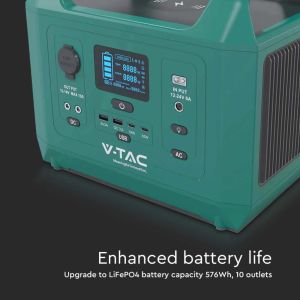 V-TAC Portable Power Station with LiFePO4 Storage Battery 576Wh AC:220V 600W (Max. 1000W) with 2 Rechargeable Schuko Sockets with Power Cable or Portable Photovoltaic Solar Panel