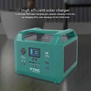 V-TAC Portable Power Station with LiFePO4 Storage Battery 576Wh AC:220V 600W (Max. 1000W) with 2 Rechargeable Schuko Sockets with Power Cable or Portable Photovoltaic Solar Panel