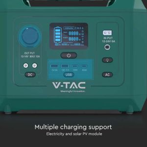 V-TAC Portable Power Station with LiFePO4 Storage Battery 576Wh AC:220V 600W (Max. 1000W) with 2 Rechargeable Schuko Sockets with Power Cable or Portable Photovoltaic Solar Panel