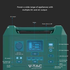 V-TAC Portable Power Station with LiFePO4 Storage Battery 576Wh AC:220V 600W (Max. 1000W) with 2 Rechargeable Schuko Sockets with Power Cable or Portable Photovoltaic Solar Panel